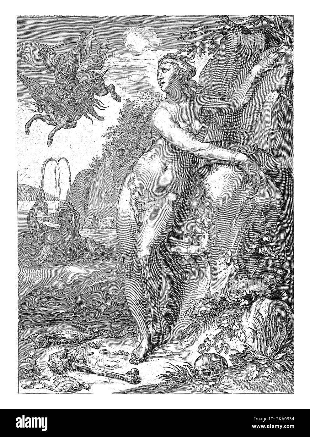 Andromeda, la fille d'un roi éthiopien, est enchaînée à un rocher. En arrière-plan, Perseus bat le monstre marin pour sauver Andromeda. Banque D'Images