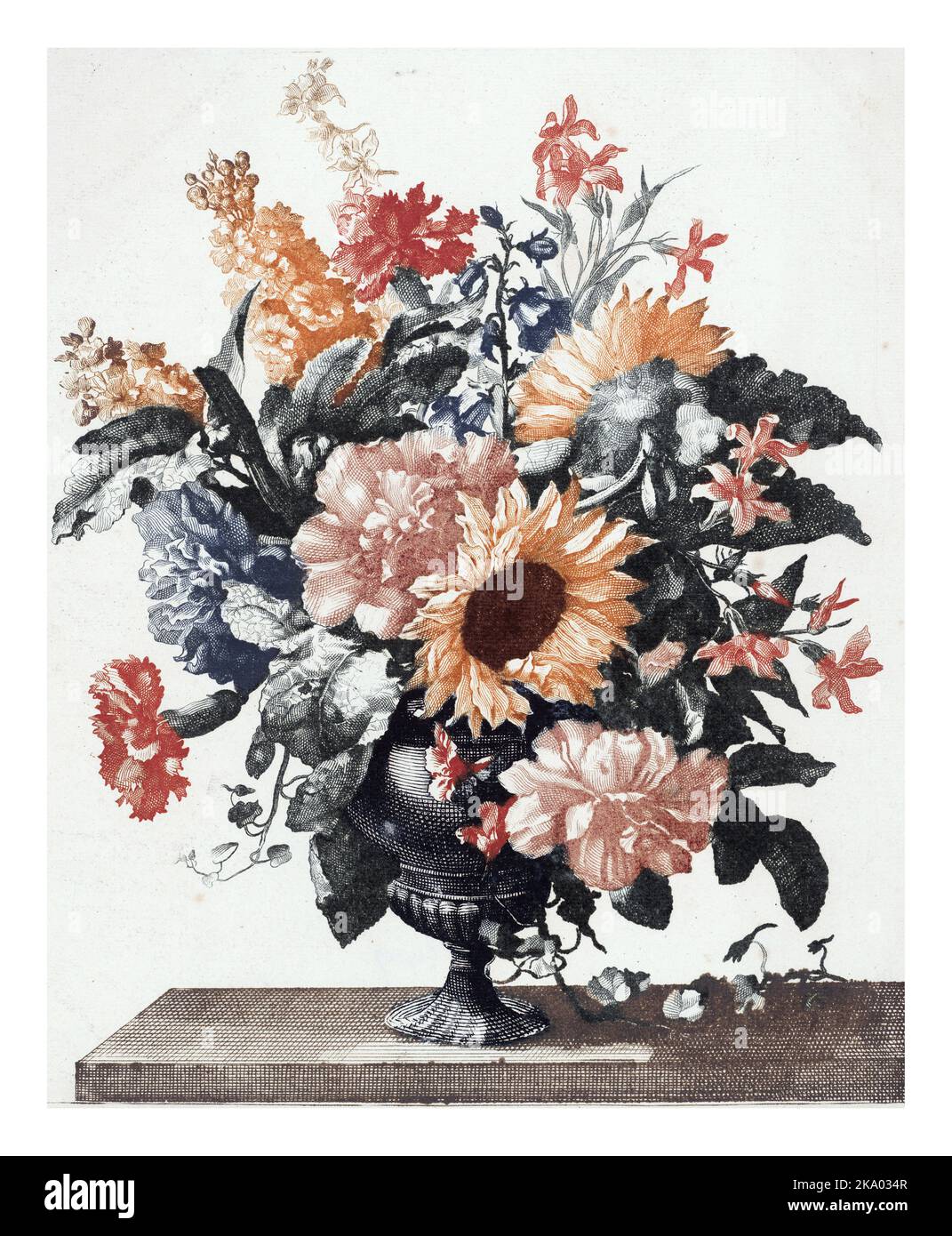 Vase en pierre avec tournesols et œillets, anonyme, d'après Jean Baptiste Monnoyer, 1688 - 1698, gravé d'époque. Banque D'Images