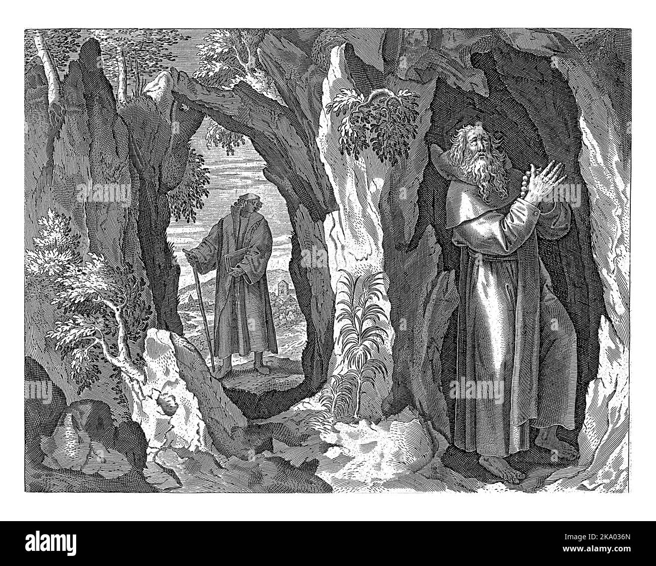 John l'Hermit dans une grotte dans le désert. Il prie le rosaire. En arrière-plan, un érudit se tient devant l'entrée de la grotte. Banque D'Images