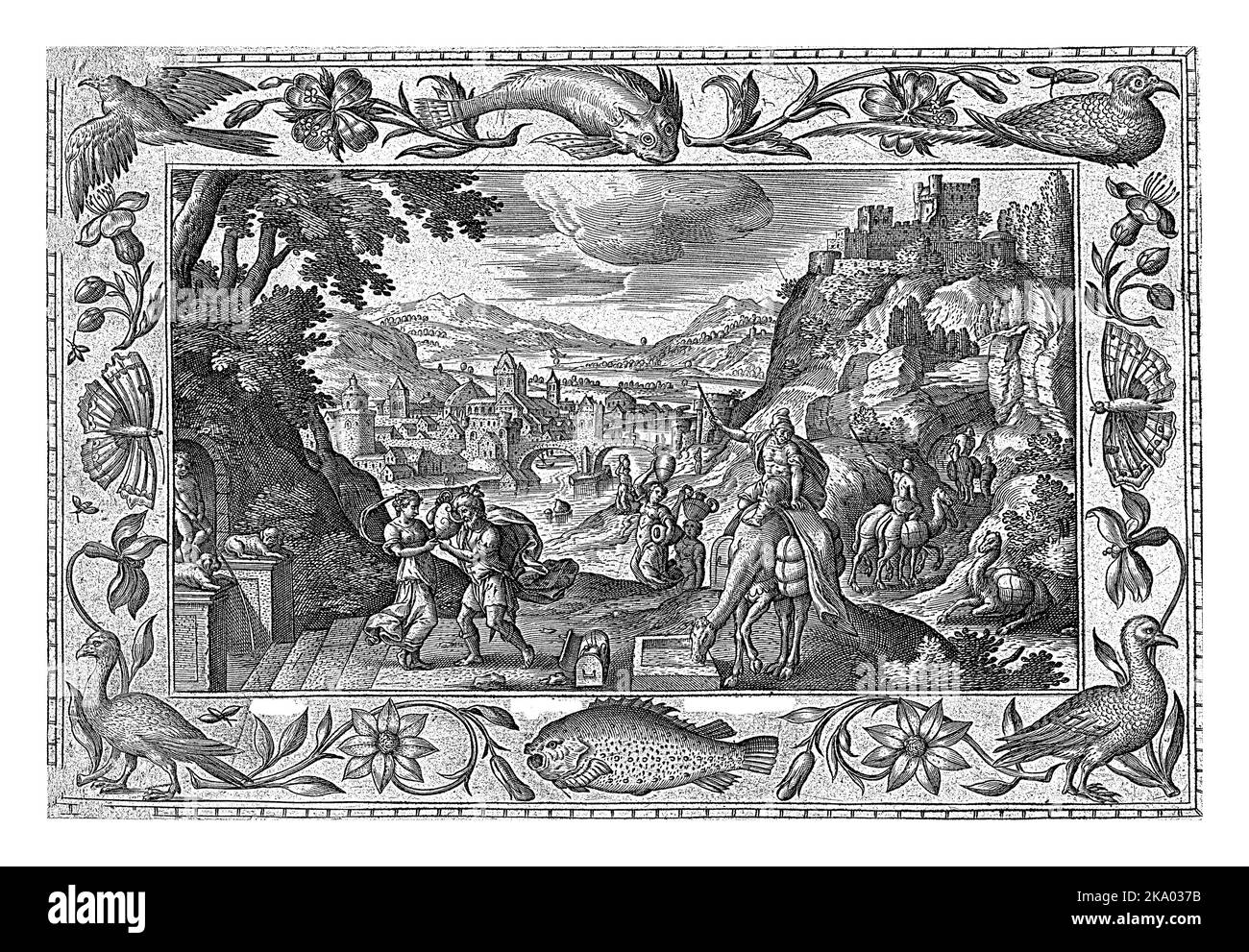 Paysage vallonné avec une rivière et une ville. Un château sur la droite sur une colline. Au premier plan Rebekah donnant de l'eau Eliezer à boire d'un pichet. A FO Banque D'Images