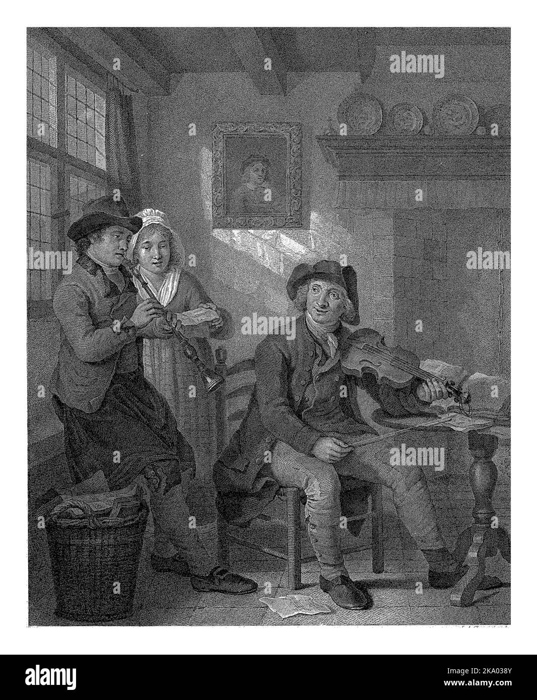 Deux hommes et une femme font de la musique ensemble dans un salon. La femme chante, un homme joue le violon, l'autre le shawm. Par la fenêtre de gauche, Banque D'Images
