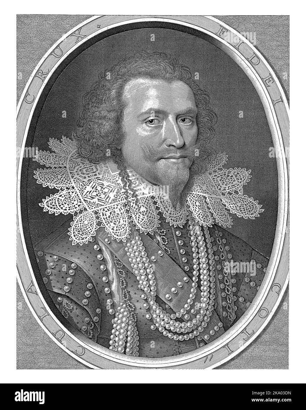 Portrait de George Villiers, premier comte de Buckingham, buste avec col en dentelle et cordes de perles. Banque D'Images