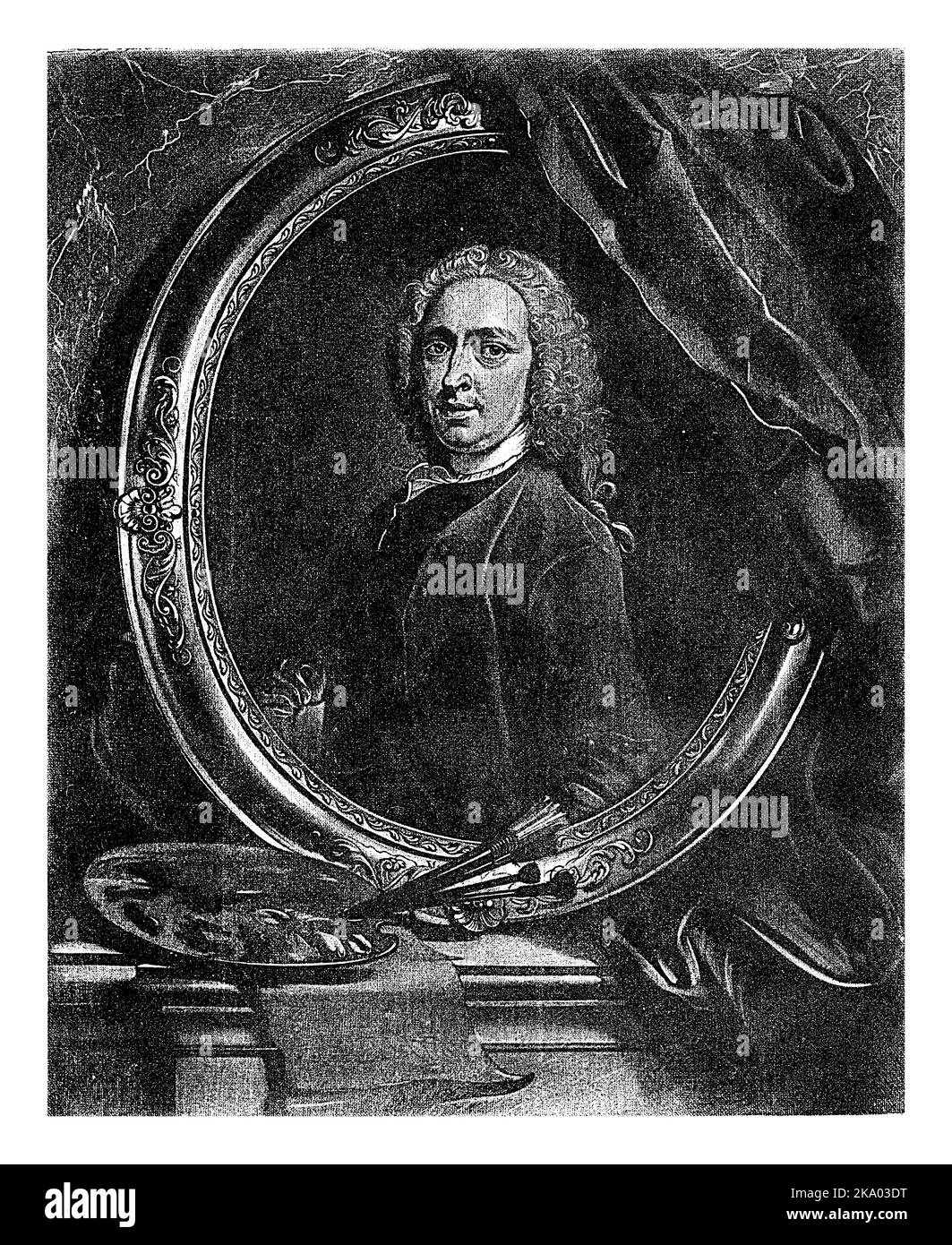 Le peintre, aquareliste et graveur Cornelis Troost dans un cadre décoré. Pour le portrait une palette, une feuille de papier et des pinceaux. Banque D'Images