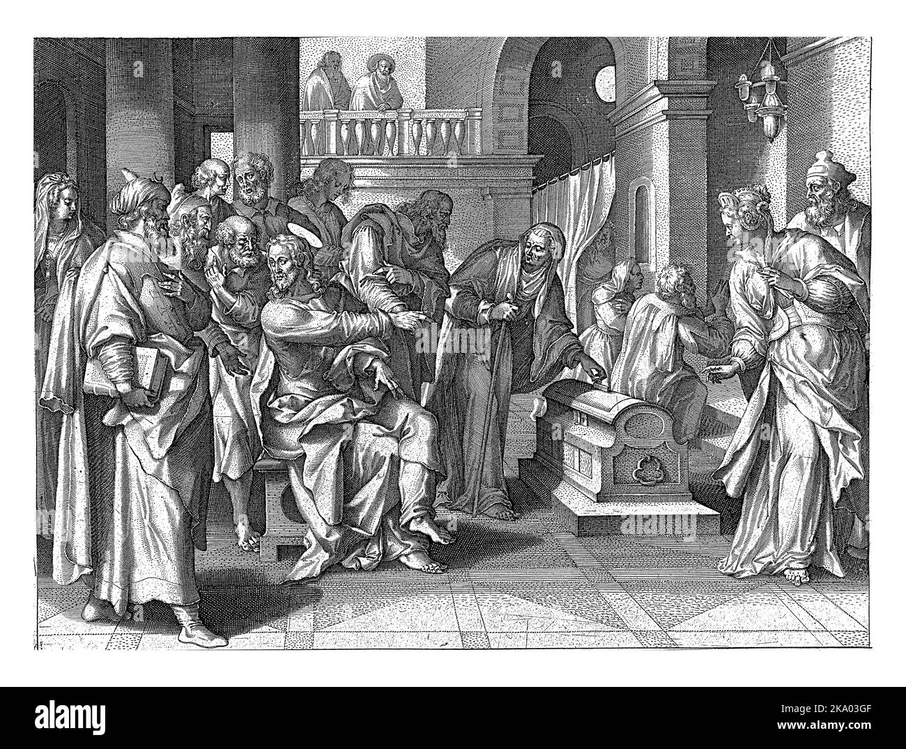 Christ montre ses disciples à une pauvre veuve qui jette de l'argent dans le trésor. Cette veuve a donné plus que les grands dons des riches b Banque D'Images