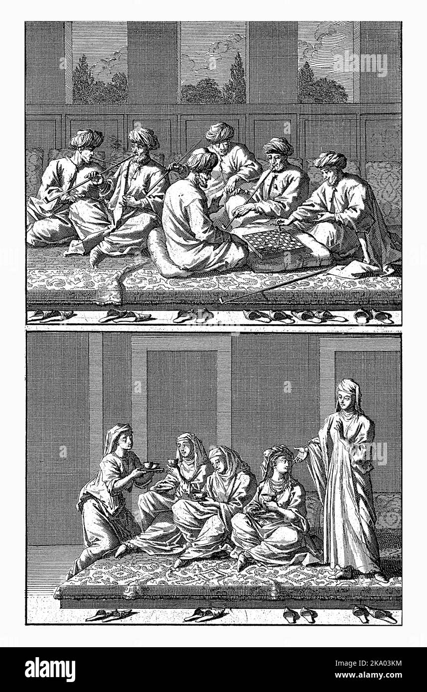 Compagnie de six Turcs fumant et jouant aux échecs / Compagnie de quatre femmes buvant du café et un esclave, Jan Luyken, 1698 deux représentations d'une plaque, m Banque D'Images