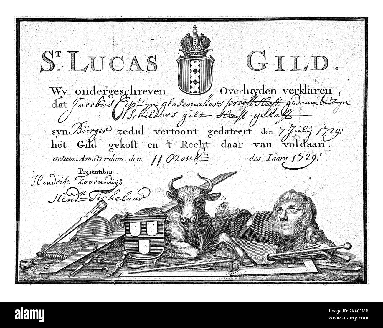 Lettre de la guilde Saint-Lucas à Amsterdam, Johannes de Broen (I), d'après Joannes Lutma (I), c. 1700 - c. 1729 lettre de la Guilde du Saint-Lucas gu Banque D'Images