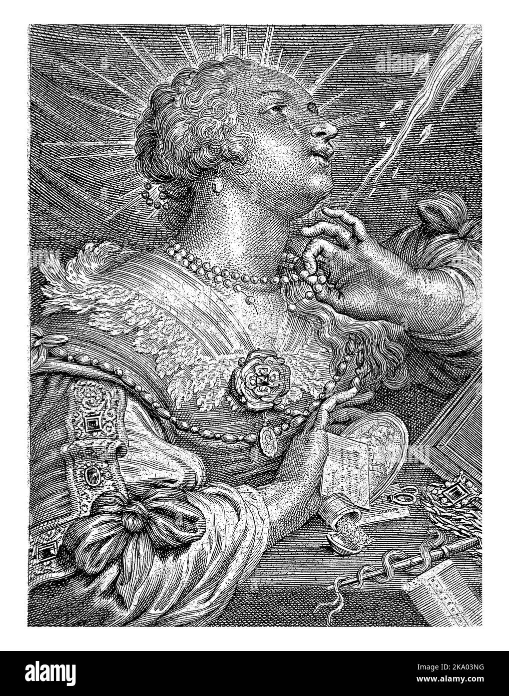 Mary Magdalene est une femme richement habillée à une table pleine d'objets luxueux tels que bijoux, bouteille de parfum, miroir. Avec visage plein de larmes et ga Banque D'Images