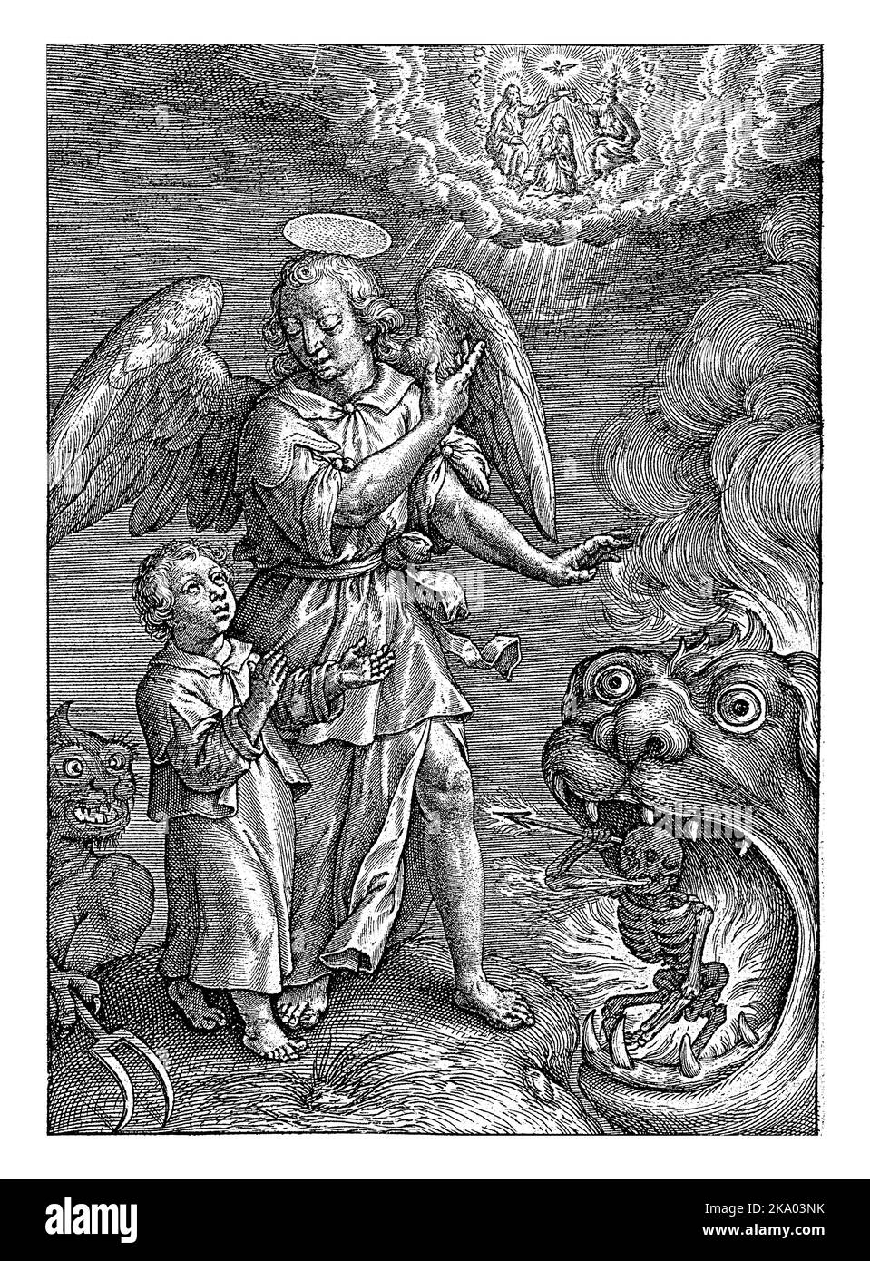 Enfant avec ange gardien, Hieronymus Wierix, 1563 -1619 Un enfant est protégé du diable et de la mort par son ange gardien. L'ange pointe le chi Banque D'Images
