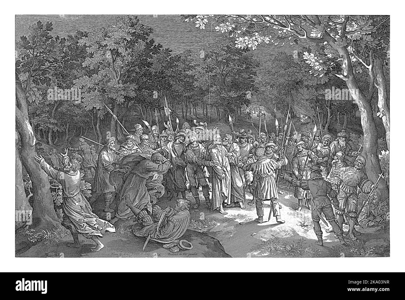 Baiser de Judas et arrestation du Christ, Nicolaes de Bruyn, 1612 Christ et ses disciples dans le jardin de Gethsémané. Judas embrasse le Christ sur la joue. TH Banque D'Images