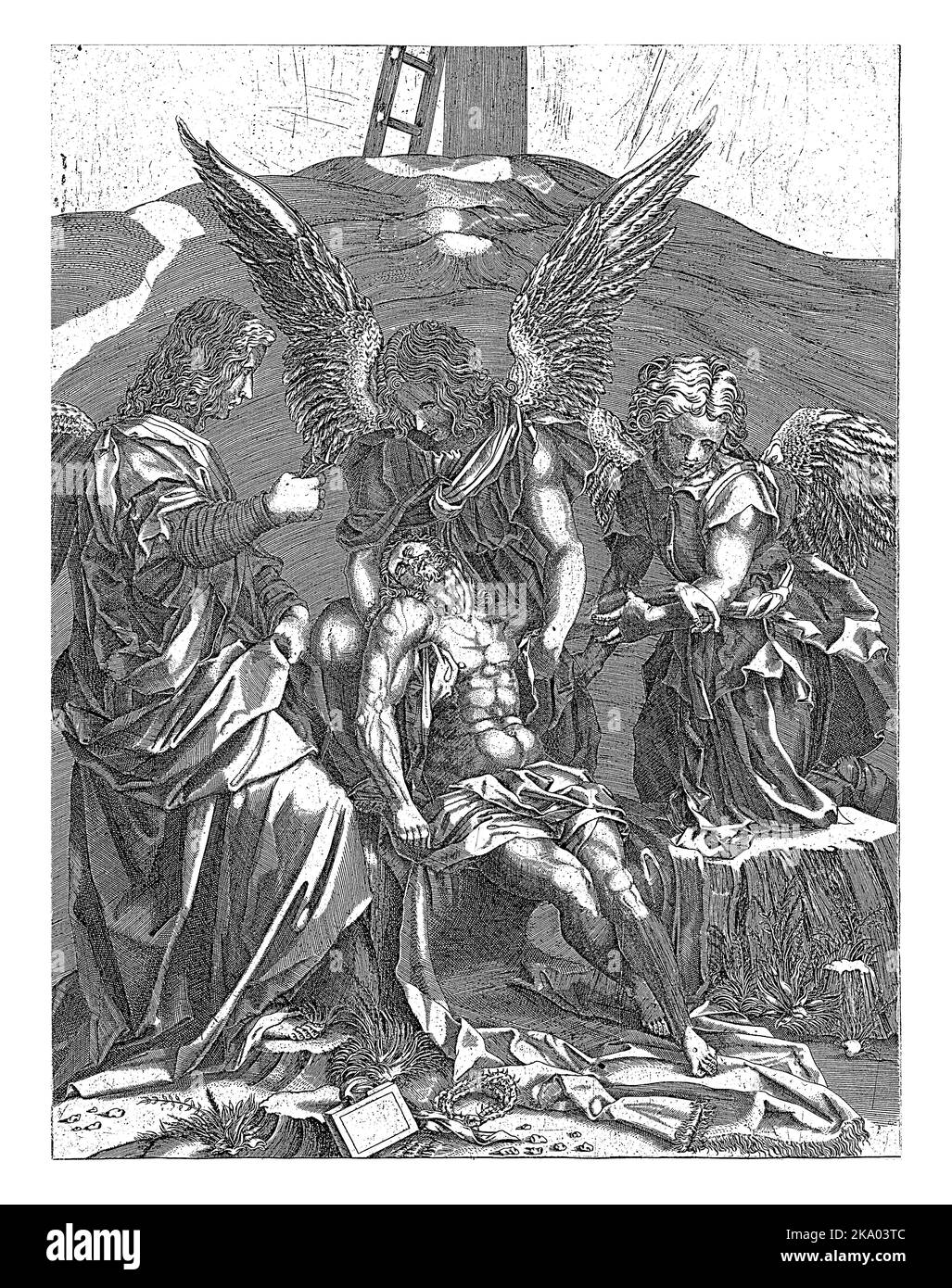 Lamentation du Christ par trois Anges, anonyme, d'après Agostino Veneziano, d'après Andrea del Sarto, c. 1510 - c. 1570 un ange soutient le corps du Christ, Banque D'Images