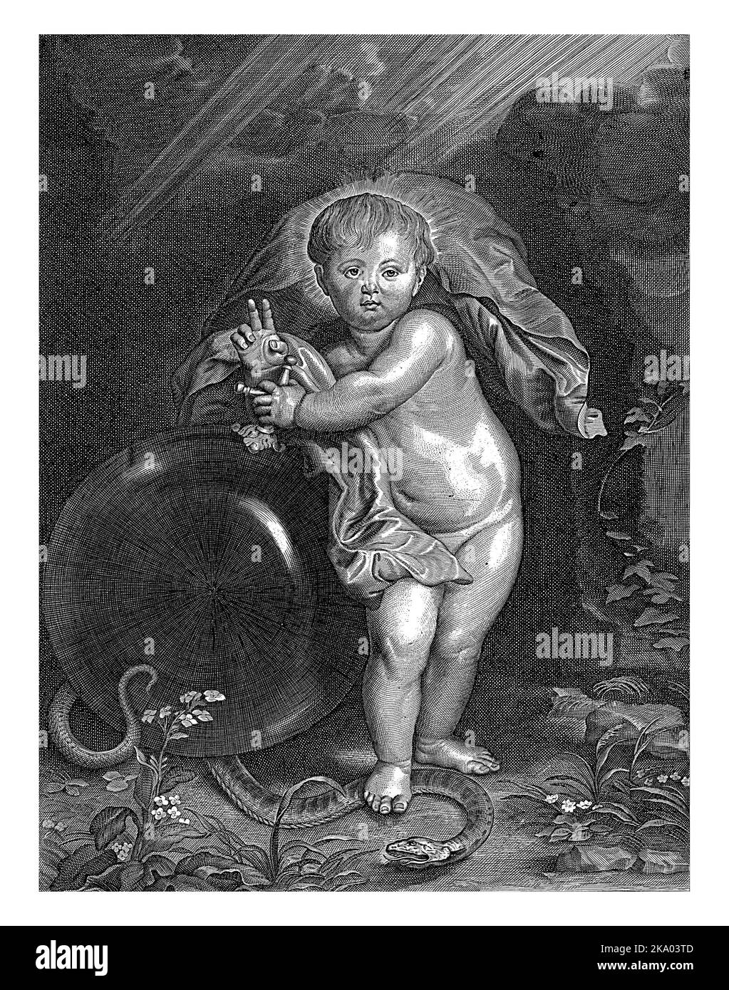 Christ enfant avec Orb, Paulus Ponce, d'après Anthony van Dyck, 1616 - 1657 l'enfant Christ, penchée sur une Orbe. Il piétinent le serpent avec sa droite f Banque D'Images