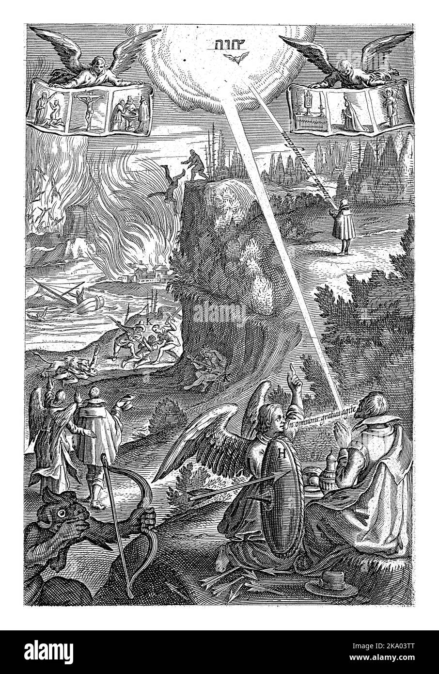 Un ange montre à un homme que toutes les bonnes actions de Dieu sont des raisons de montrer la gratitude dans sa prière. Banque D'Images