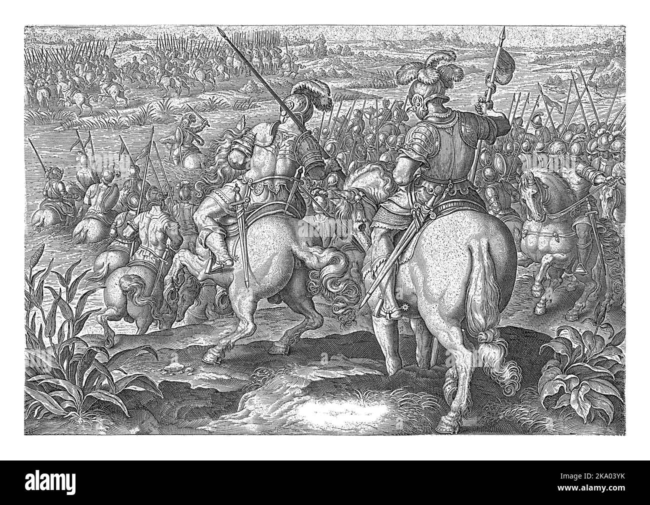 Giovanni de Medici, appelé 'dalle Bande Nere', chase l'armée espagnole avec ses cavaliers. L'impression a une légende latine et fait partie d'une se Banque D'Images