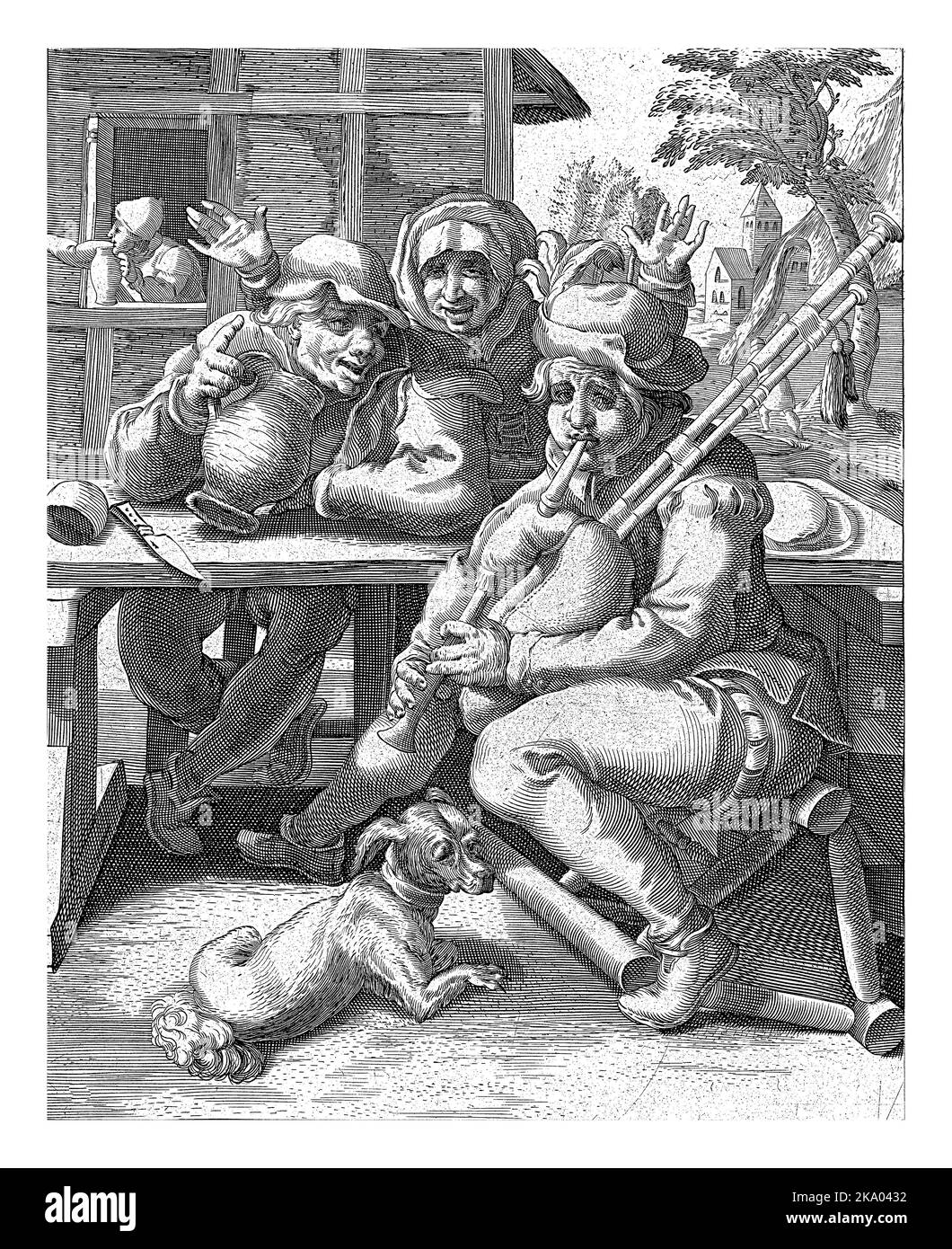 Un ensacheur et un saoul sont assis ensemble à la table. Derrière la table se trouve une femme avec ses mains levées. Le cornemuse est assis sur un c tombé Banque D'Images