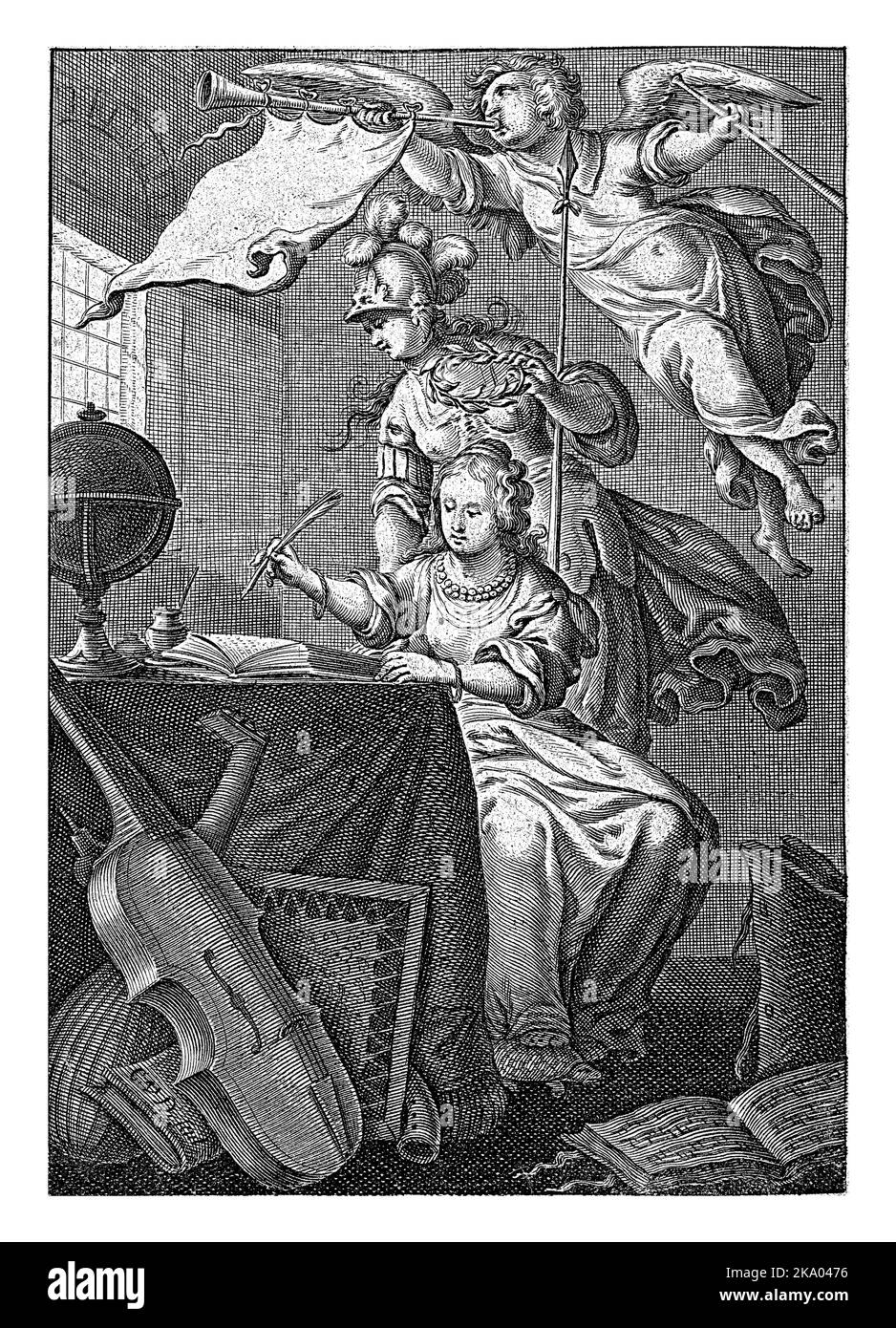 Femme écrit à la table sur laquelle le globe est écrit. Minerva regarde par-dessus son épaule et tient une couronne de Laurier. Le pied de la dame assise repose sur une tur Banque D'Images