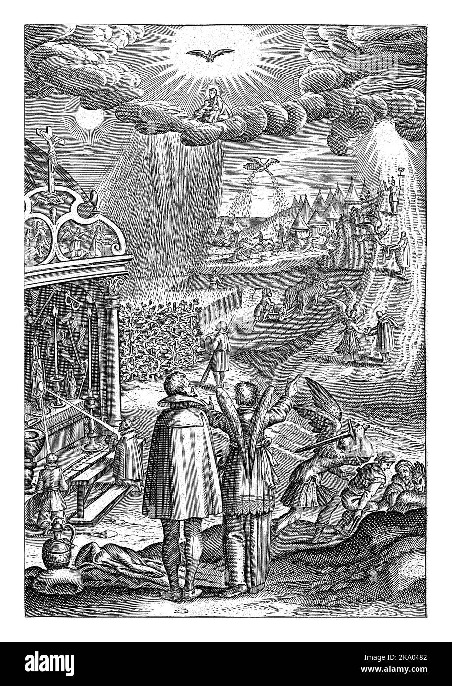 Emblème avec ange pointant vers un homme toutes les bonnes actions et les dons de Dieu Banque D'Images