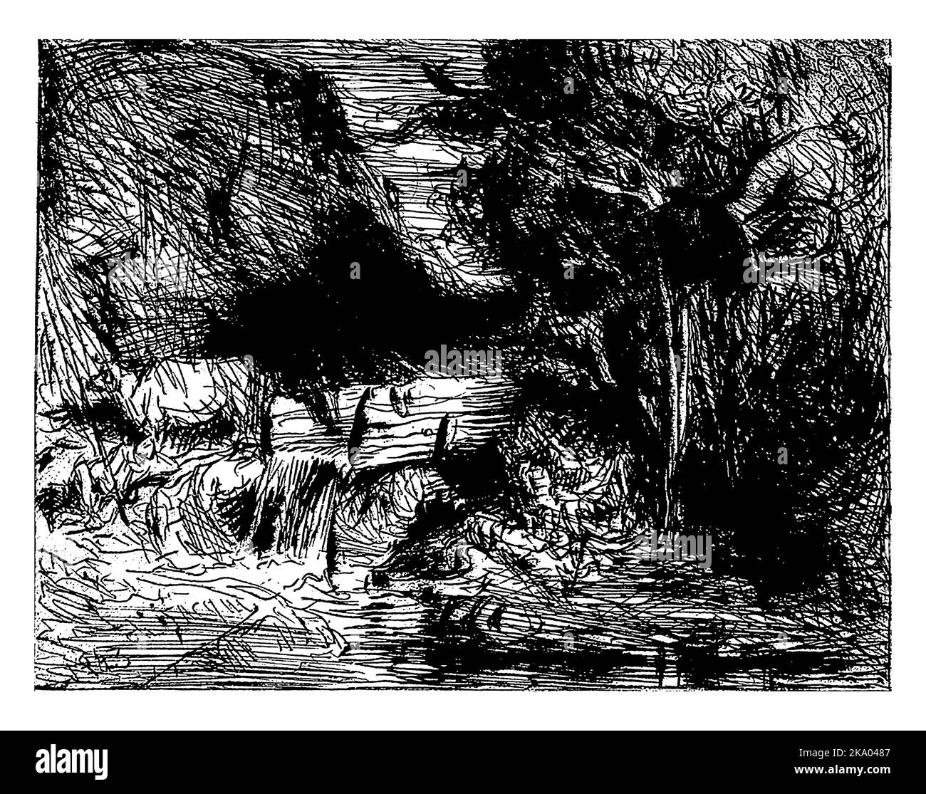 Paysage avec vache et cours d'eau, Charles Emile Jacque (attribué à), 1843, gravé d'époque. Banque D'Images