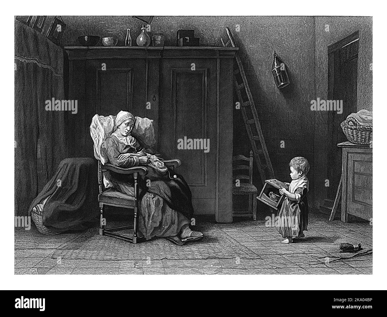 Un tout-petit apporte une cuisinière à sa mère malade. La mère est assise sur une chaise avec tricotage sur ses genoux, soutenue par un grand oreiller dans le dos. Derrière elle est Banque D'Images
