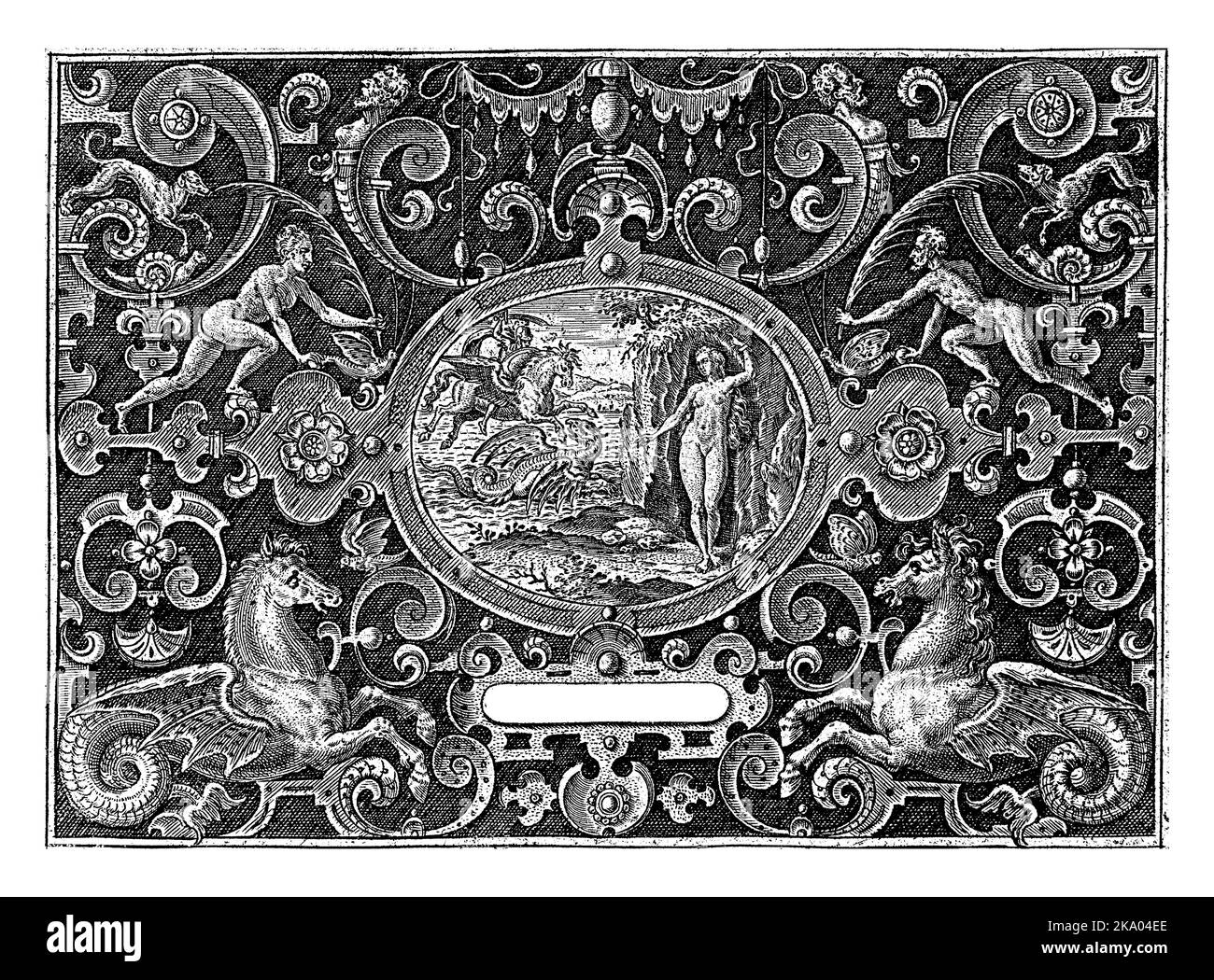 Cartouche: Perseus libère Andromeda, Abraham de Bruyn, 1584 Cartouche avec Perseus, assis sur le cheval Pegasus, combat le monstre marin. Androm. Droite Banque D'Images