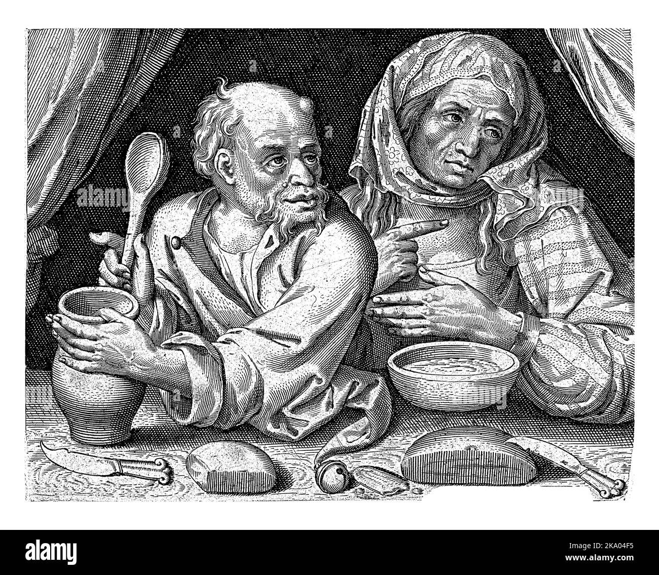 L'homme et la femme mangent du porridge, Nicolaes de Bruyn, 1581 - 1656 l'homme et la femme s'assoient à la table et mangent du porridge à partir d'un pichet et d'un bol. Banque D'Images