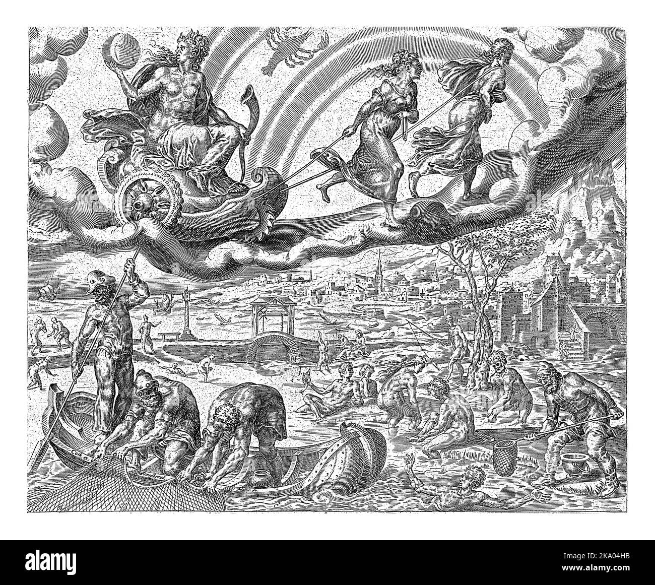 Luna, la lune, avec une corne de chasse à la main, est assise dans un char, qui est tiré dans le ciel par deux filles. Le signe du cancer indique qui appartient à TH Banque D'Images