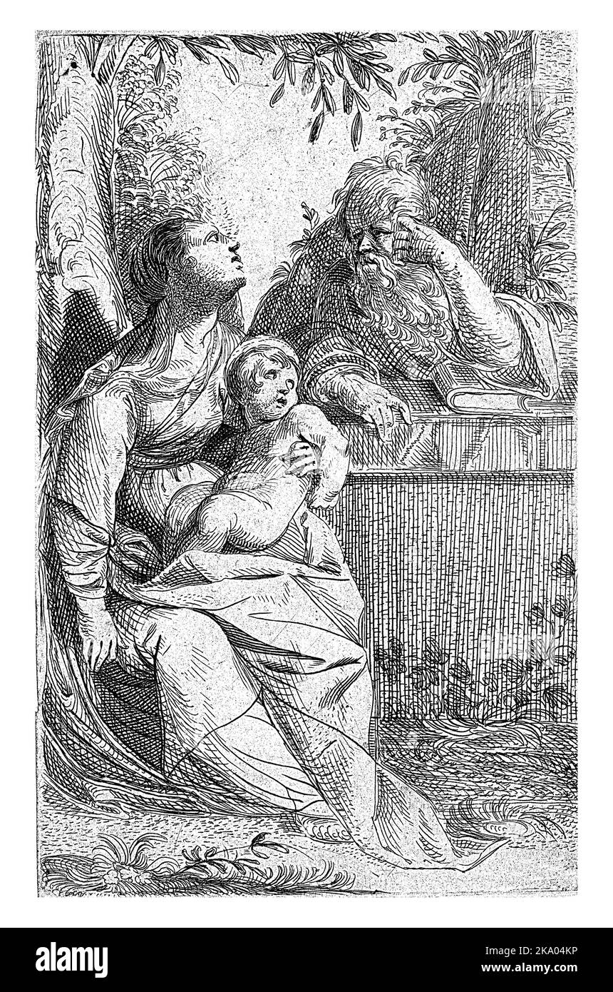 La famille sainte est assise dans le jardin. Joseph est assis à une table et s'appuie sur un livre. Marie avec Christ sur ses genoux est assise à côté de lui et regarde U. Banque D'Images