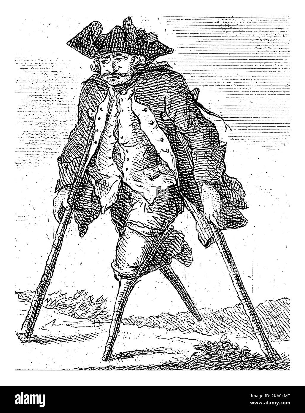 Un mendiant sur des béquilles avec deux pattes en bois. Selon le verset sous la presse écrite, il a perdu ses jambes dans la guerre, luttant pour la patrie. Banque D'Images