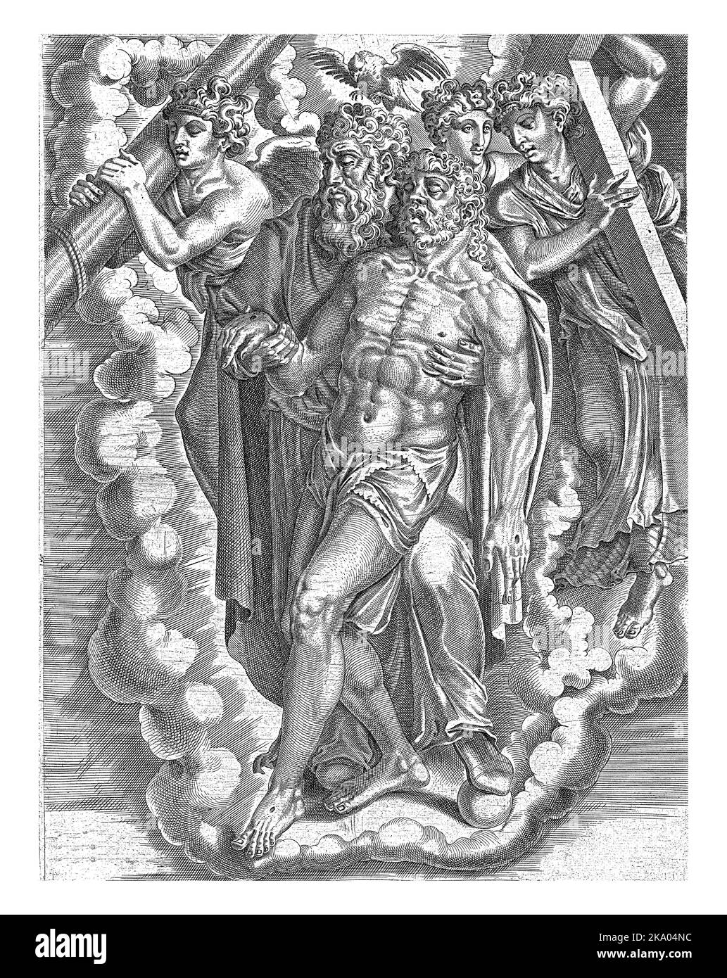 Dieu, debout sur les nuages, soutient le cadavre du Christ. À gauche un ange portant le pôle de fléau, à droite deux anges, dont carr Banque D'Images