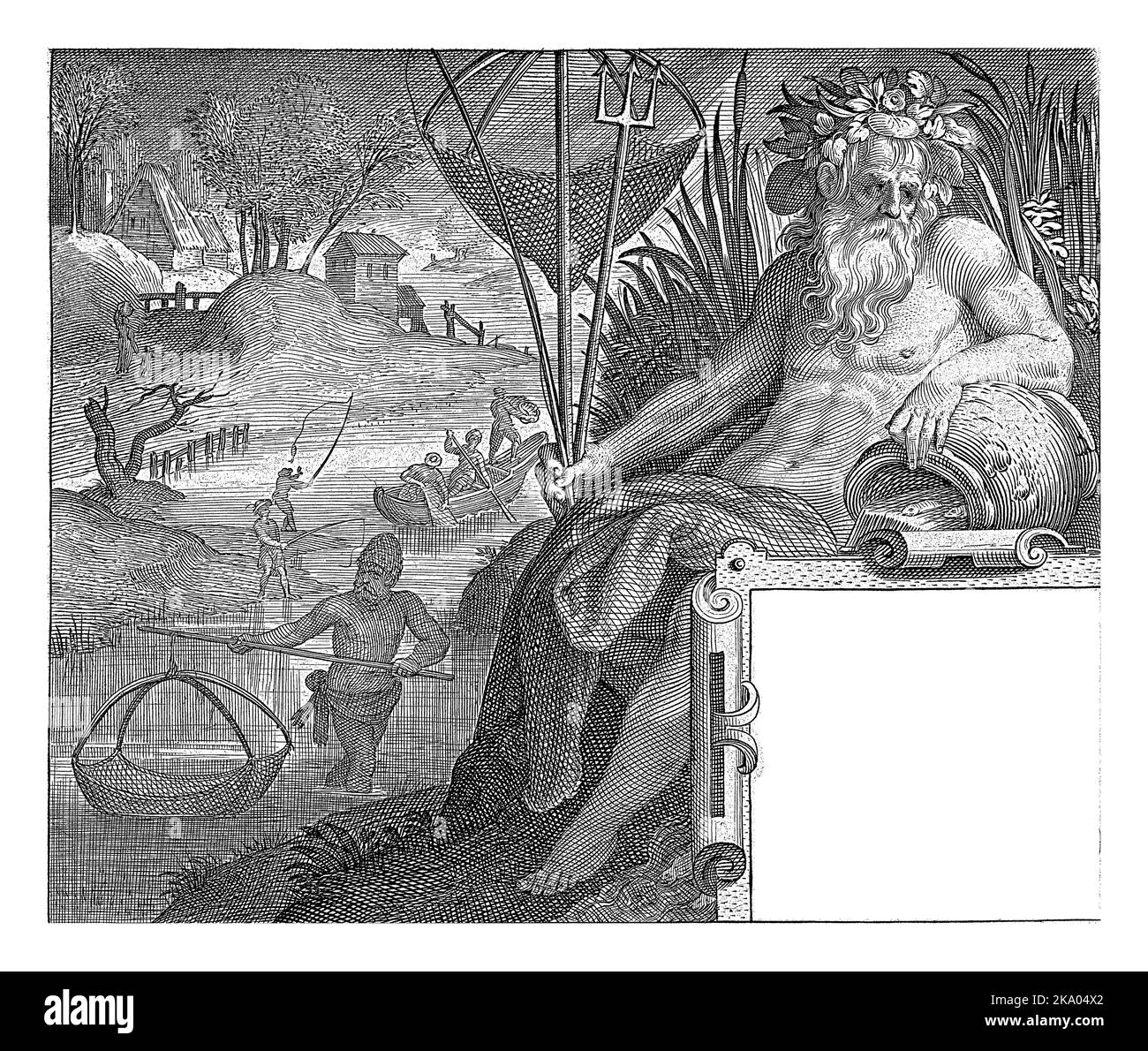Titre imprimé avec titre en cartouche, un Dieu de rivière avec un trident et filet de pêche dans sa main repose sur un pichet d'où coule l'eau. Les pêcheurs sont un Banque D'Images Titre imprimé avec titre en cartouche, un Dieu de rivière avec un trident et filet de pêche dans sa main repose sur un pichet d'où coule l'eau. Les pêcheurs sont un Banque D'Images