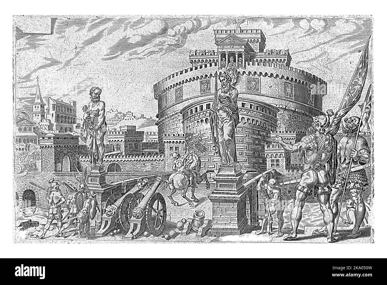 Siège de Castel Sant'Angelo à Rome (1527). Clément VII regarde les forces d'occupation de Rome depuis Castel Sant'Angelo. Deux canons au premier plan. Banque D'Images