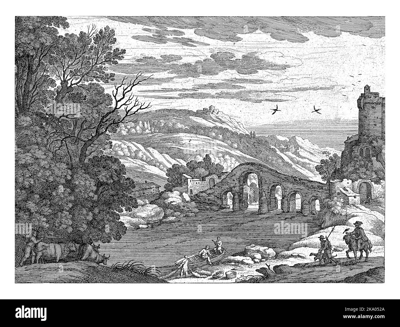 Un paysage vallonné est traversé par une rivière. Un pont en pierre avec cinq arches traverse la rivière. Sur la rive est un bateau à rames avec deux hommes en elle. A th Banque D'Images