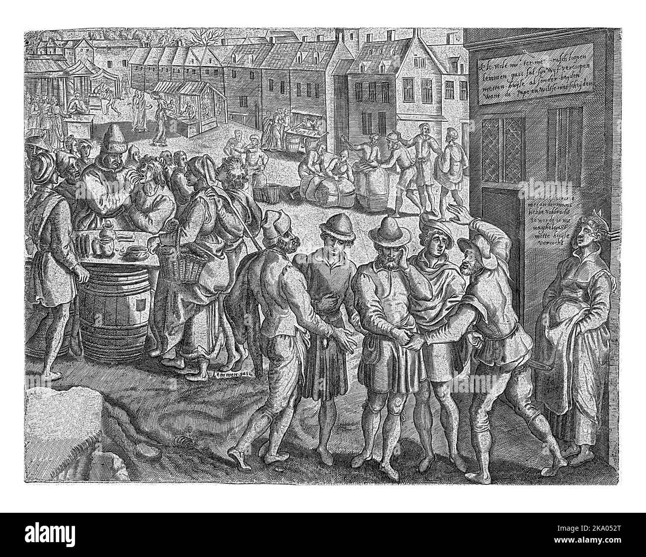 Vue sur le marché. À gauche, un quack (dentiste) traite un patient. Un groupe de spectateurs se tient autour du spectacle, y compris la personne appelée L. Banque D'Images