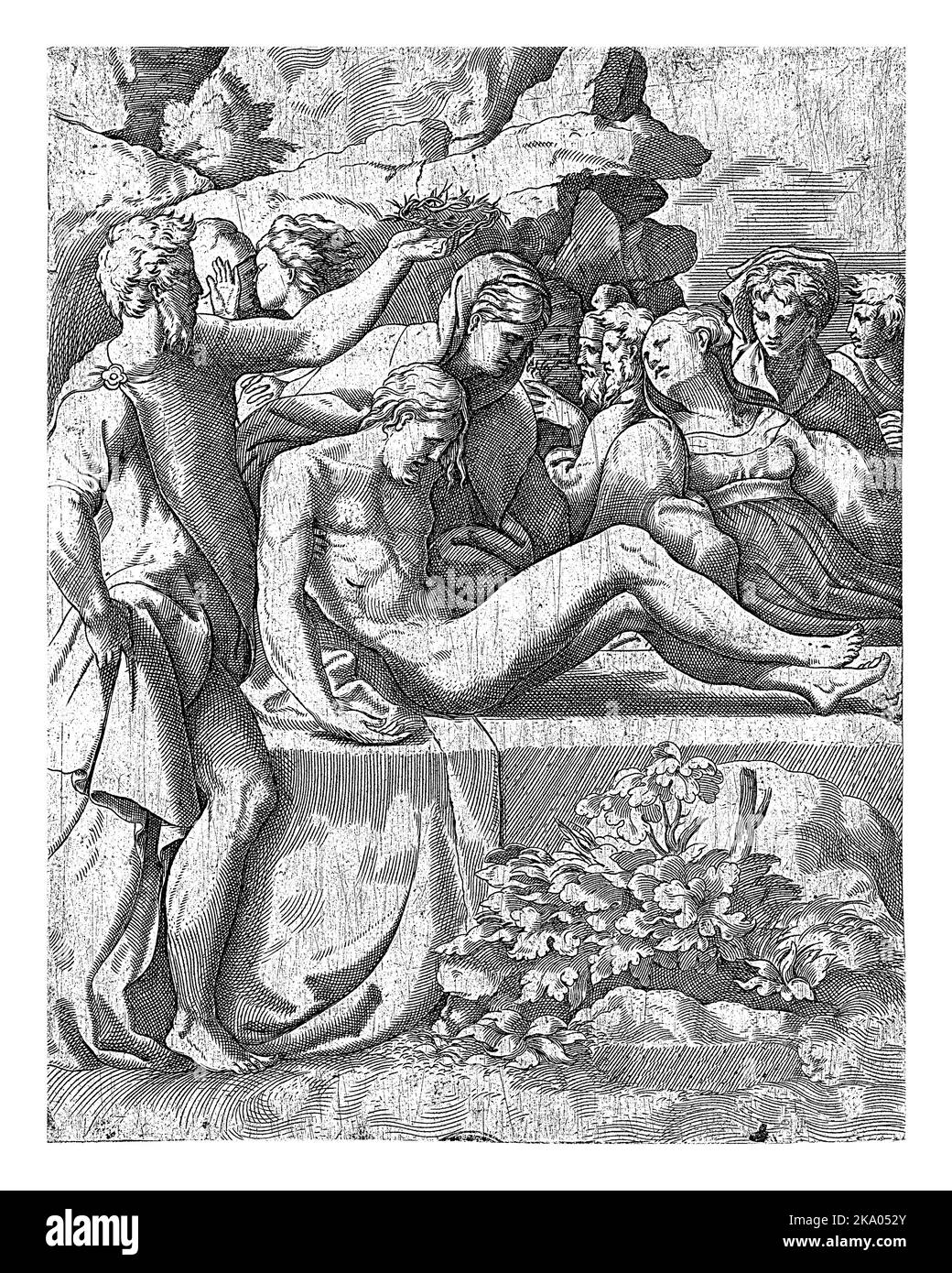 Le corps du Christ est posé sur une pierre et une trame. Marie Magdalene soutient le corps et à gauche, un homme élève la couronne des épines au ciel. Banque D'Images