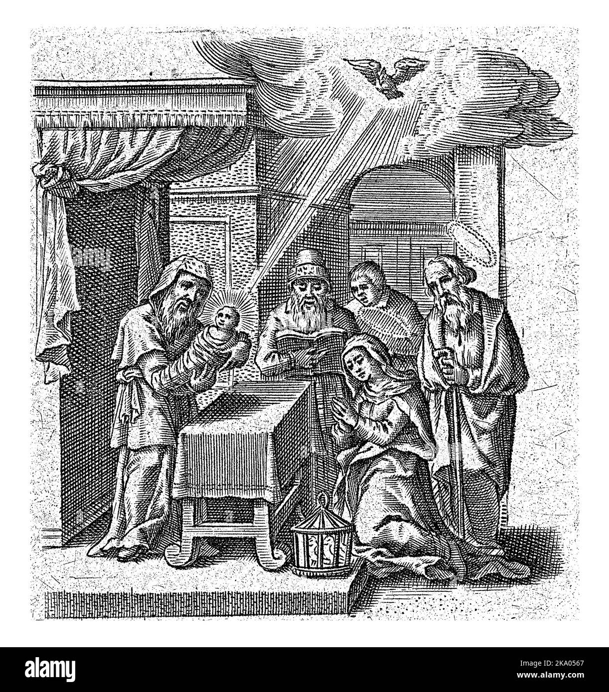 Christ avec Marie et Joseph dans le Temple, Joannes Galle, c. 1626 - c. 1676 Marie et Joseph apportent leur fils au temple. Simeon tient le Christ chi Banque D'Images