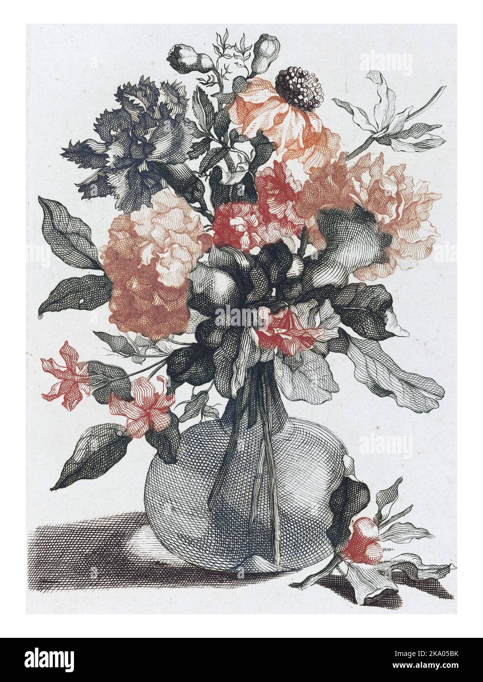 Cinq tirages de fleurs dans des vases en verre, anonymes, d'après Jean Baptiste Monnoyer, 1688 - 1698, gravés d'époque. Banque D'Images