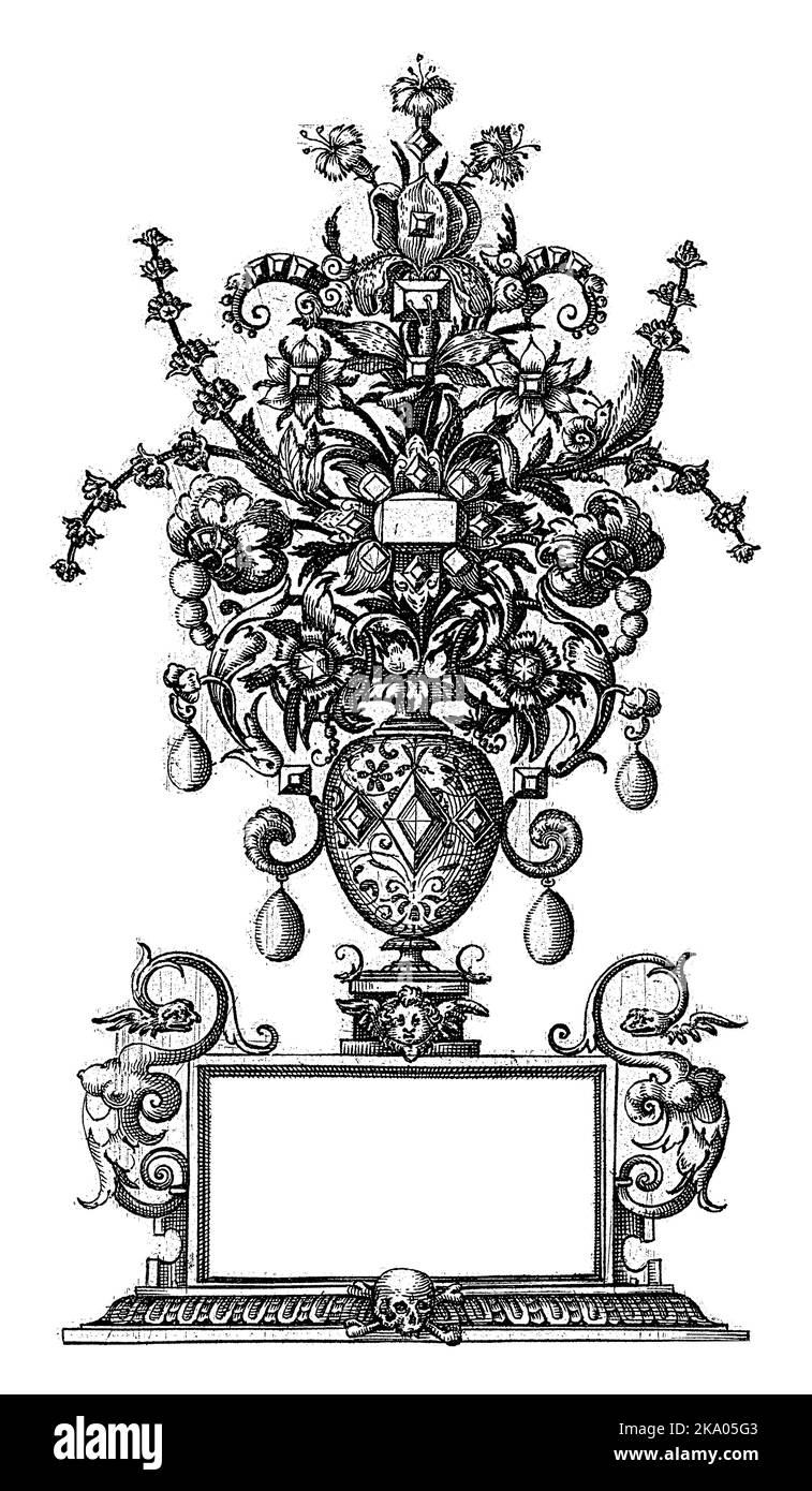 Épinglette décorative en forme de vase avec fleurs sur un piédestal avec inscription. Page après une série, composée d'une page de titre et de 5 pages. Banque D'Images