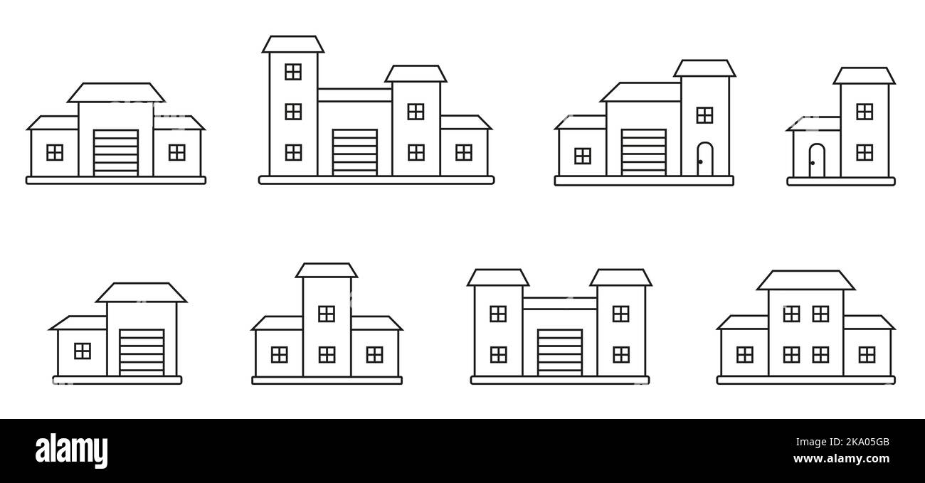 Affiche un ensemble d'icônes noires sur la vue de face extérieure. Page de livre de coloriage avec maison de ville résidentielle immeuble appartement. Façade avec portes et fenêtres. Maison de ville de banlieue de forme diverse Illustration de Vecteur