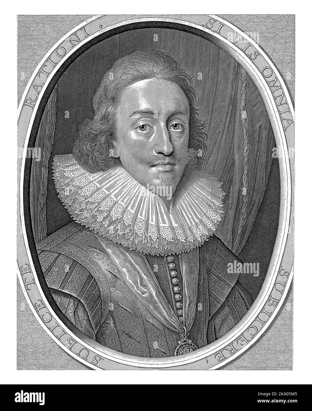 Portrait de Charles Ier, roi d'Angleterre, buste en ovale avec ruff et médaillon avec Saint George le Grand. Devise sur cadre ovale, inscription latine à bo Banque D'Images