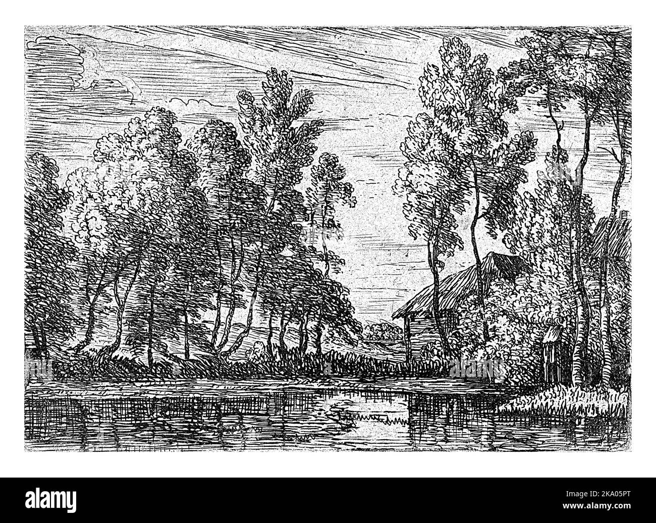 Une maison et une rangée d'arbres le long d'un canal. Banque D'Images