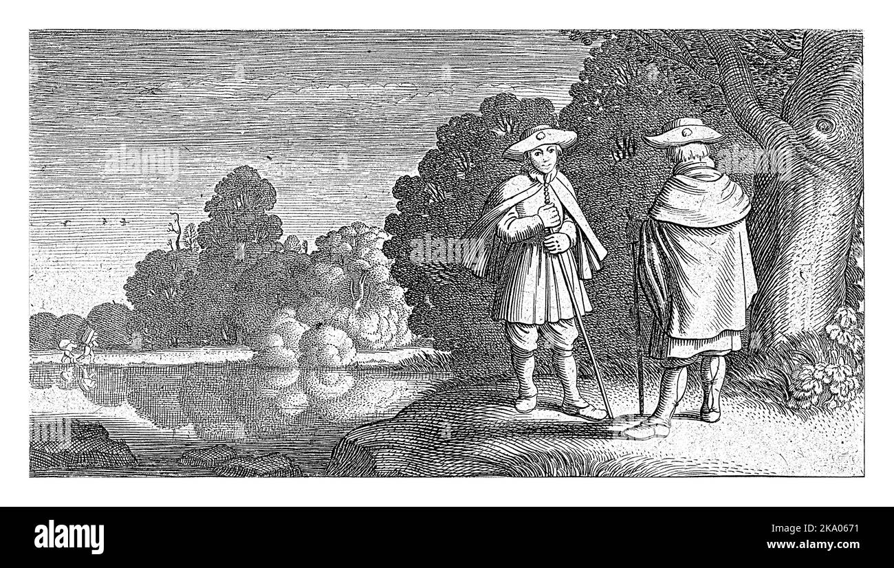 Deux pèlerins dans un étang, Jan van de Velde (II), 1603 - 1652 deux pèlerins au bord d'un lac, dont un vu de l'arrière. En arrière-plan, deux figures W Banque D'Images