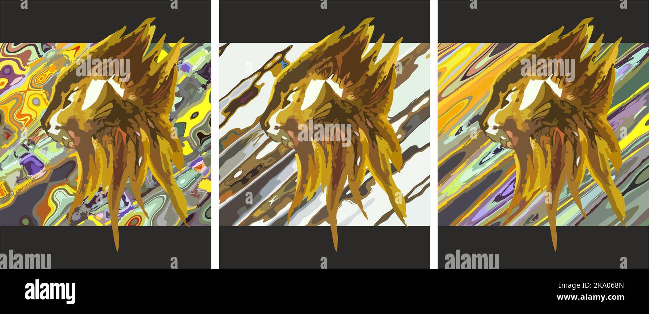 Trois arrière-plans diagonaux colorés avec tête de lion à l'intérieur. Triptyque - éclats diagonaux avec la tête d'un jeune lion pour les solutions intérieures, couvre Banque D'Images