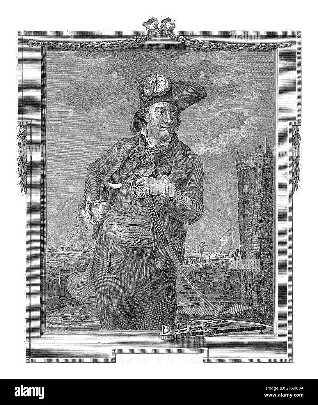 Portrait de Nicolas Jarry, corsaire et capitaine, tenant la corne d'un navire d'une main et un sabre de l'autre. En bas du cadre se trouve un sextant. Banque D'Images