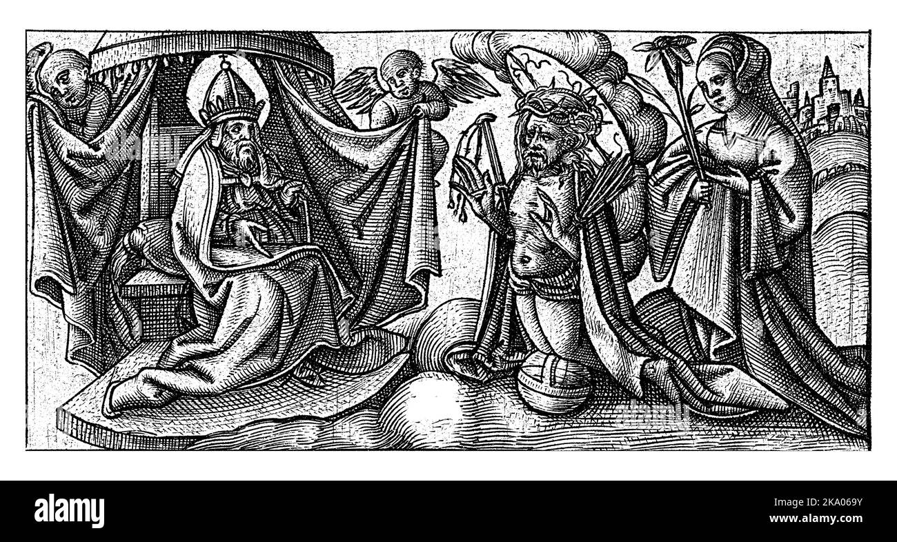 Dieu le Père s'est enhroné sous une canopée portée par deux anges. Droit Christ s'agenouillant sur la balle, avec les outils de la passion. Derrière lui saint avec passio Banque D'Images