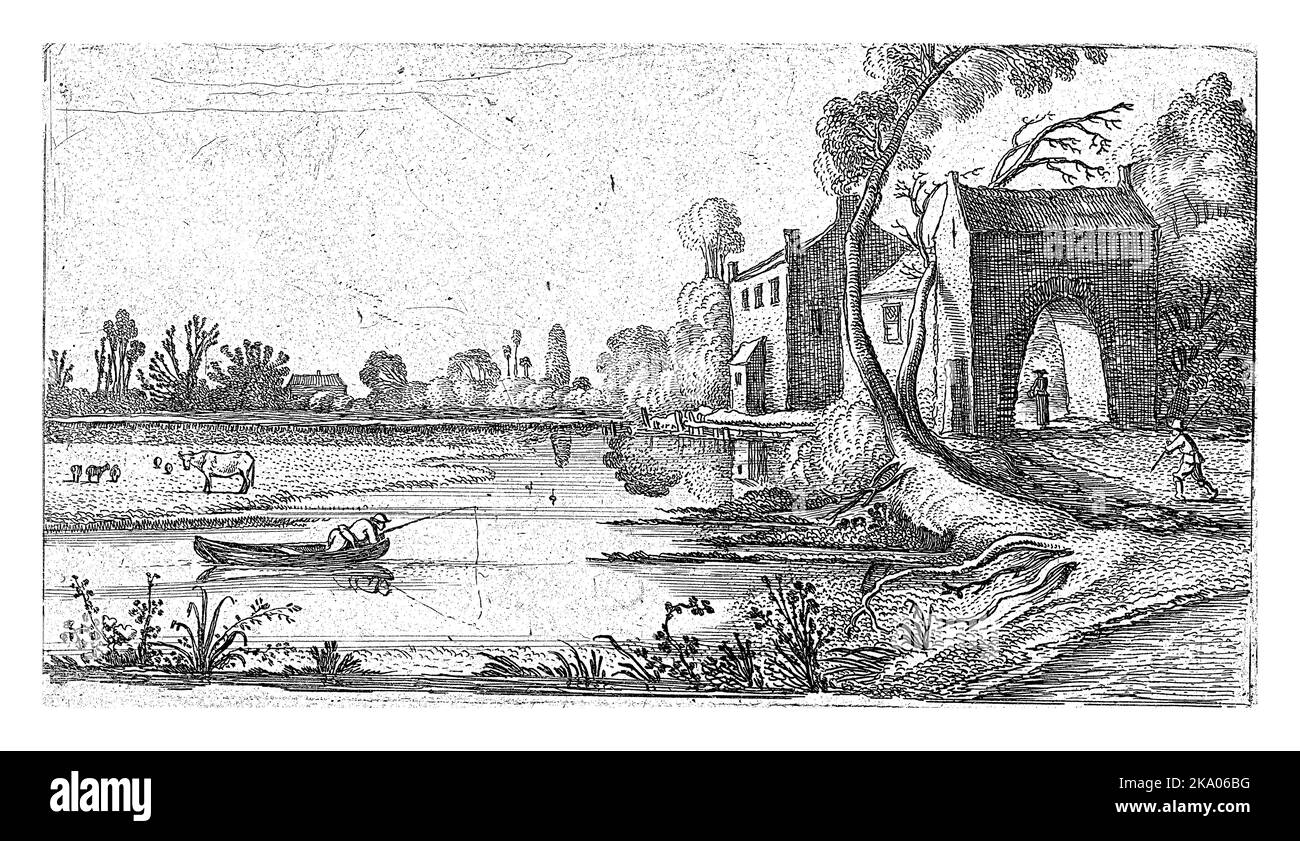 Au-dessus de ce paysage de rivière se trouve l'inscription Hofstede Banque D'Images