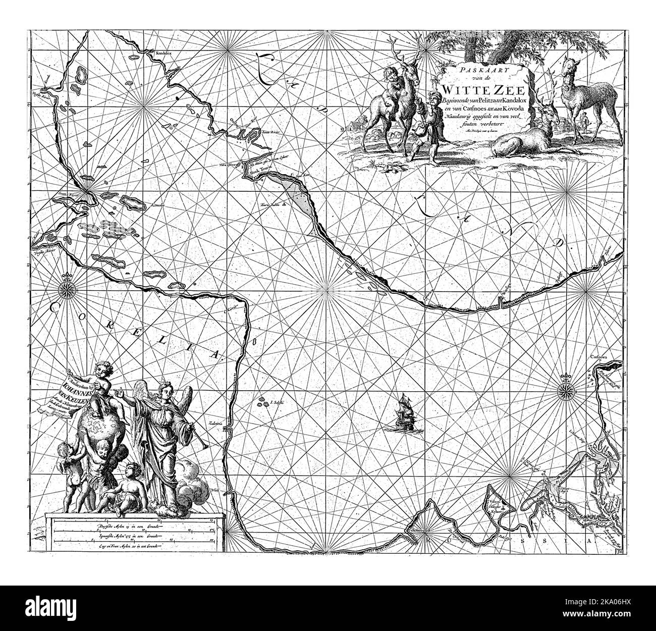 Carte passeport d'une section de la mer Blanche en Russie, avec deux roses à boussole, le nord est au sommet. En haut à droite une cartouche avec le titre, entourée par Banque D'Images