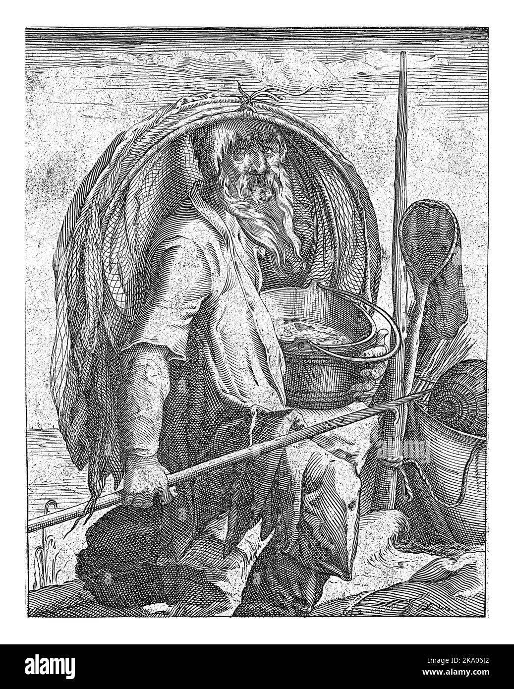 Un pêcheur avec ses outils (filet, seau, harpon) dans sa main. Il symbolise l'élément de l'eau. L'imprimé a une légende hollandaise avec un lament de la Banque D'Images