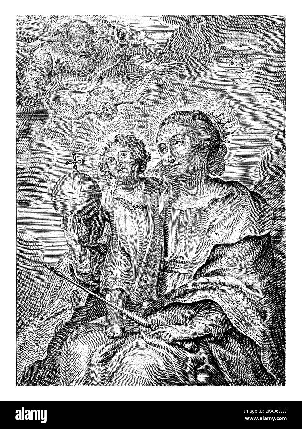Marie assise avec l'enfant du Christ sur ses genoux, le Christ tenant un globe et Marie tient un sceptre. Les deux regardent vers Dieu et la colombe comme un symbole du Banque D'Images