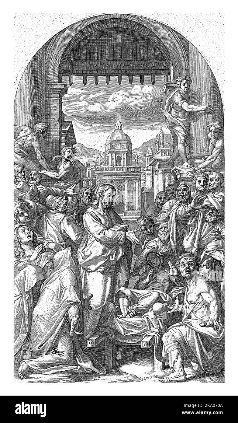 Christ avec le fils de la veuve à Nain, qui a été exécuté de la ville dans un bier. Le Christ le ramène à la vie. Les spectateurs regardent avec étonnement. Banque D'Images