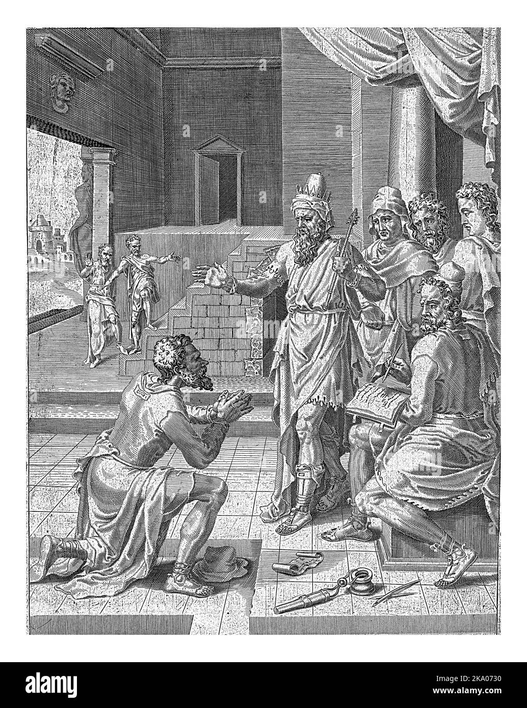 Remise de la dette du serviteur par le roi Dirck Volckertsz. Coornhert, d'après Maarten van Heemskerck, 1554 - 1612 le serviteur ingrate siège o Banque D'Images