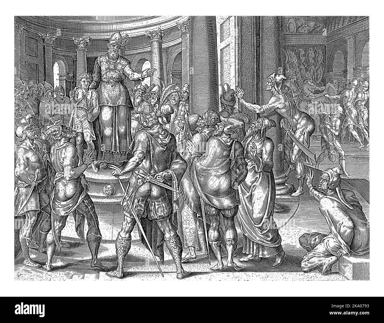 Sur une tribune dans le temple, le souverain sacrificateur présente le roi Joas à la garde royale. Les hommes jurent allégeance au roi. Au bas de la marge a v Banque D'Images